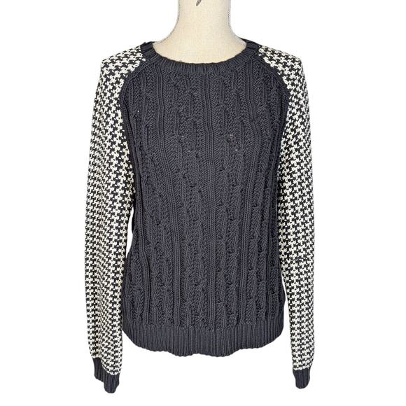 Miss Wu Mixed Knit Sweater Black & Ivory Houndstooth Cable Knit Size XL - Picture 1 of 12